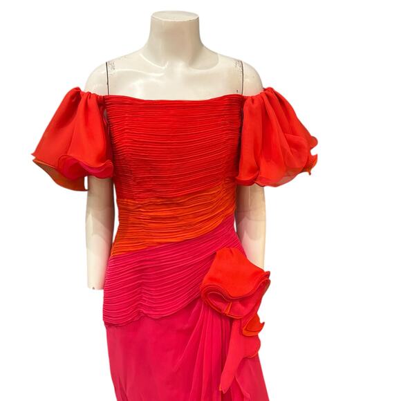 Vintage Lillie Rubin Off Shoulder Evening Gown Red Pink Ruched Chiffon / Size 8 - Picture 2 of 5